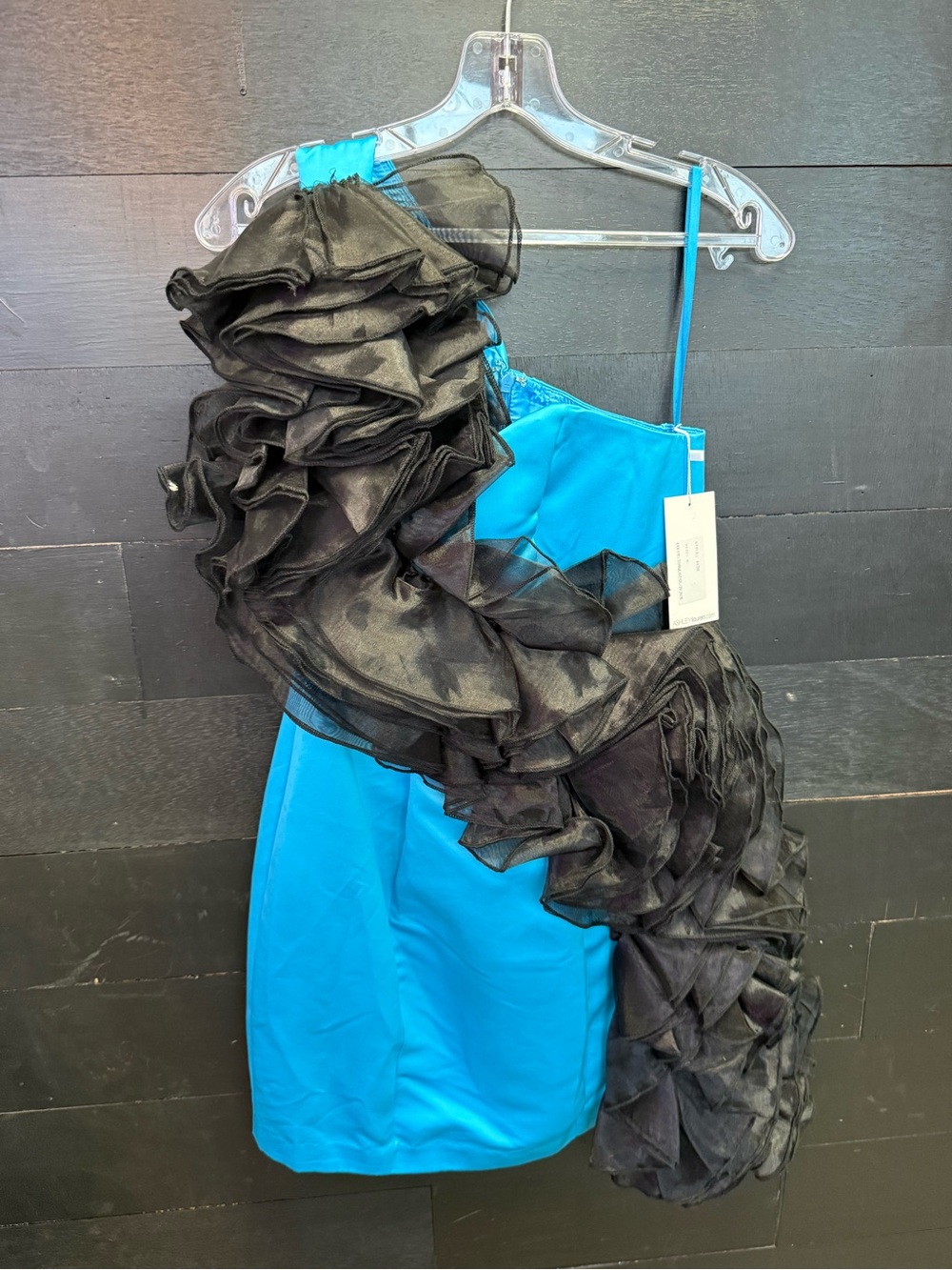Turquoise One-Shoulder Ruffle Cocktail Dress with Black Organza Detail